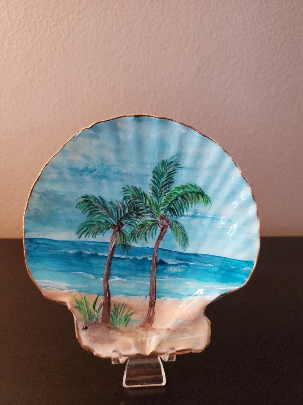 Seashell Art Scallop Hand Painted Ocean Palm Trees Gold Leaf Trim Trinket LARGE